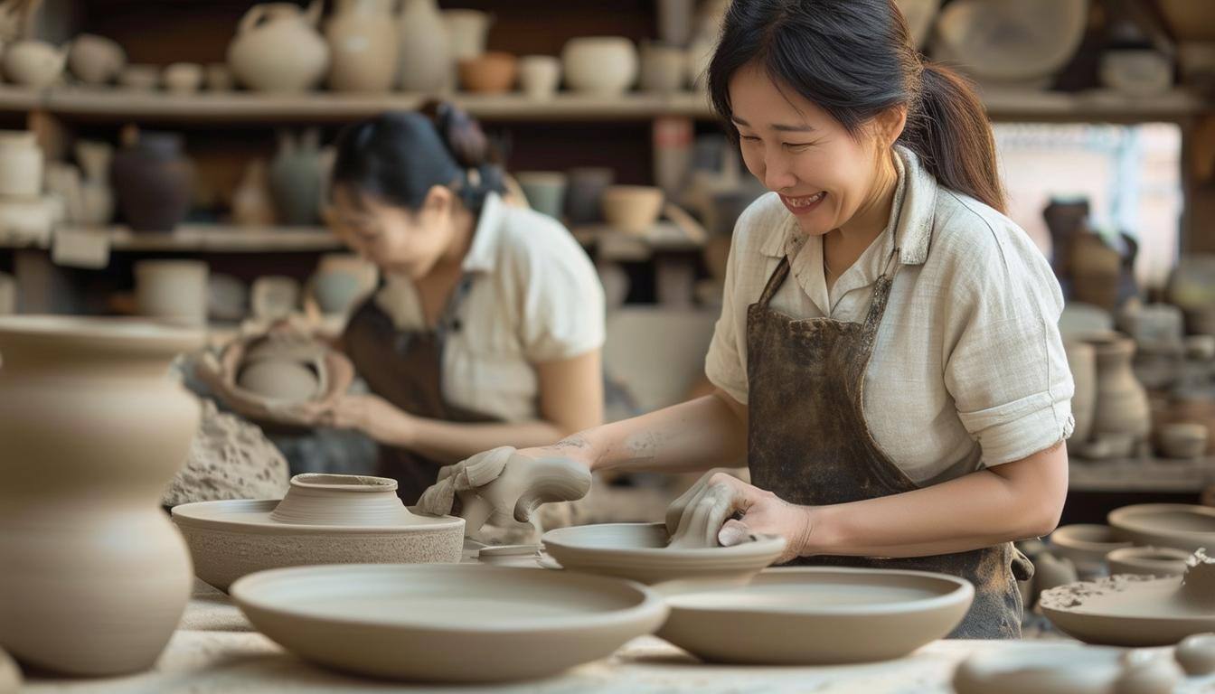 Asian 40s exploring pottery, small business