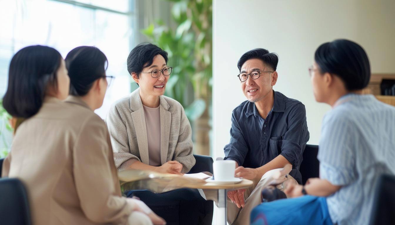 asians 50s talking to counselor and support group