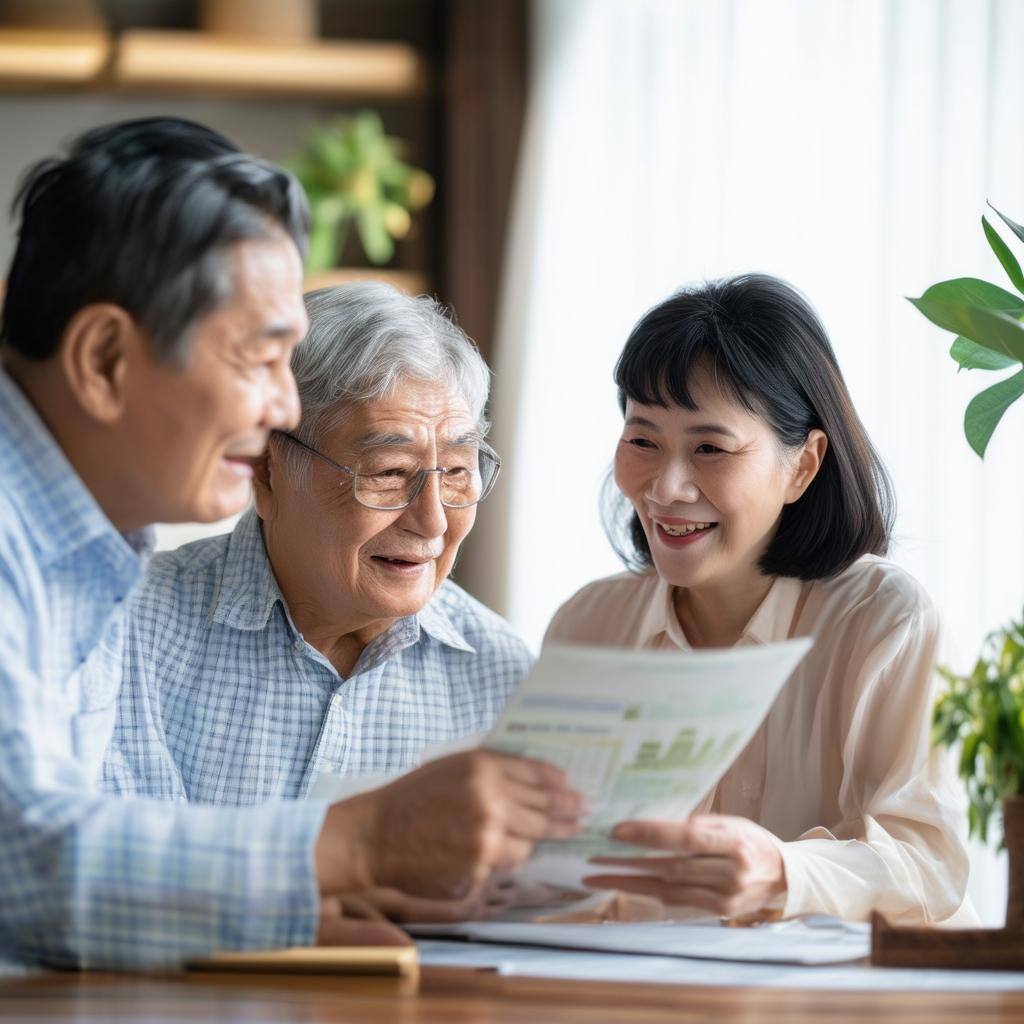 asian couples financially independent retirement planning, golden years well retirement with house and family